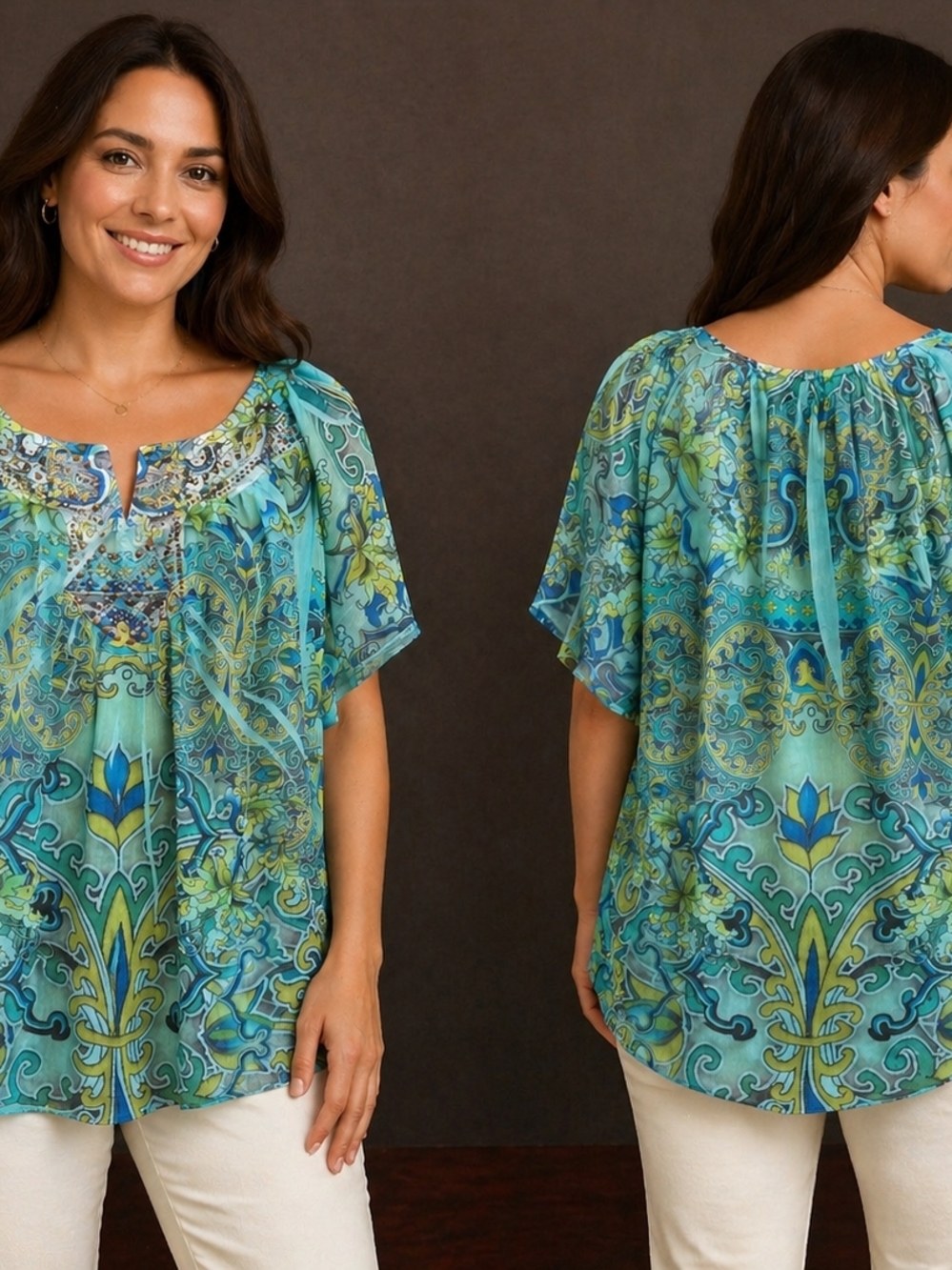 live and let live Blue-Green Paisley Split-Neck Peasant Blouse Jersey Burnout 1x